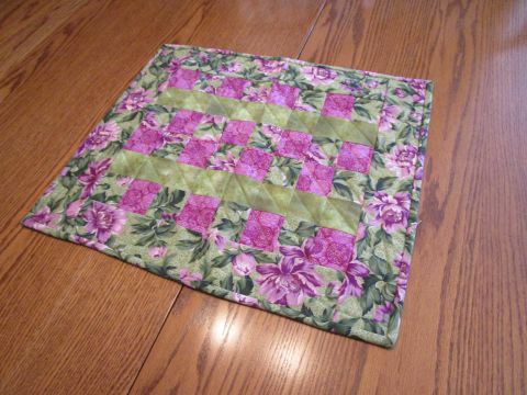 Table Topper 18” x 20”  Purple and green patchwork 
