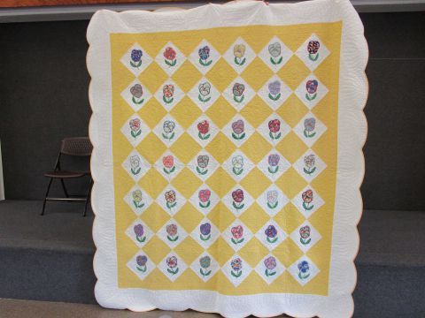 Quilt - Vintage  Pansies on white with yellow.  Hand Applique and quilted.